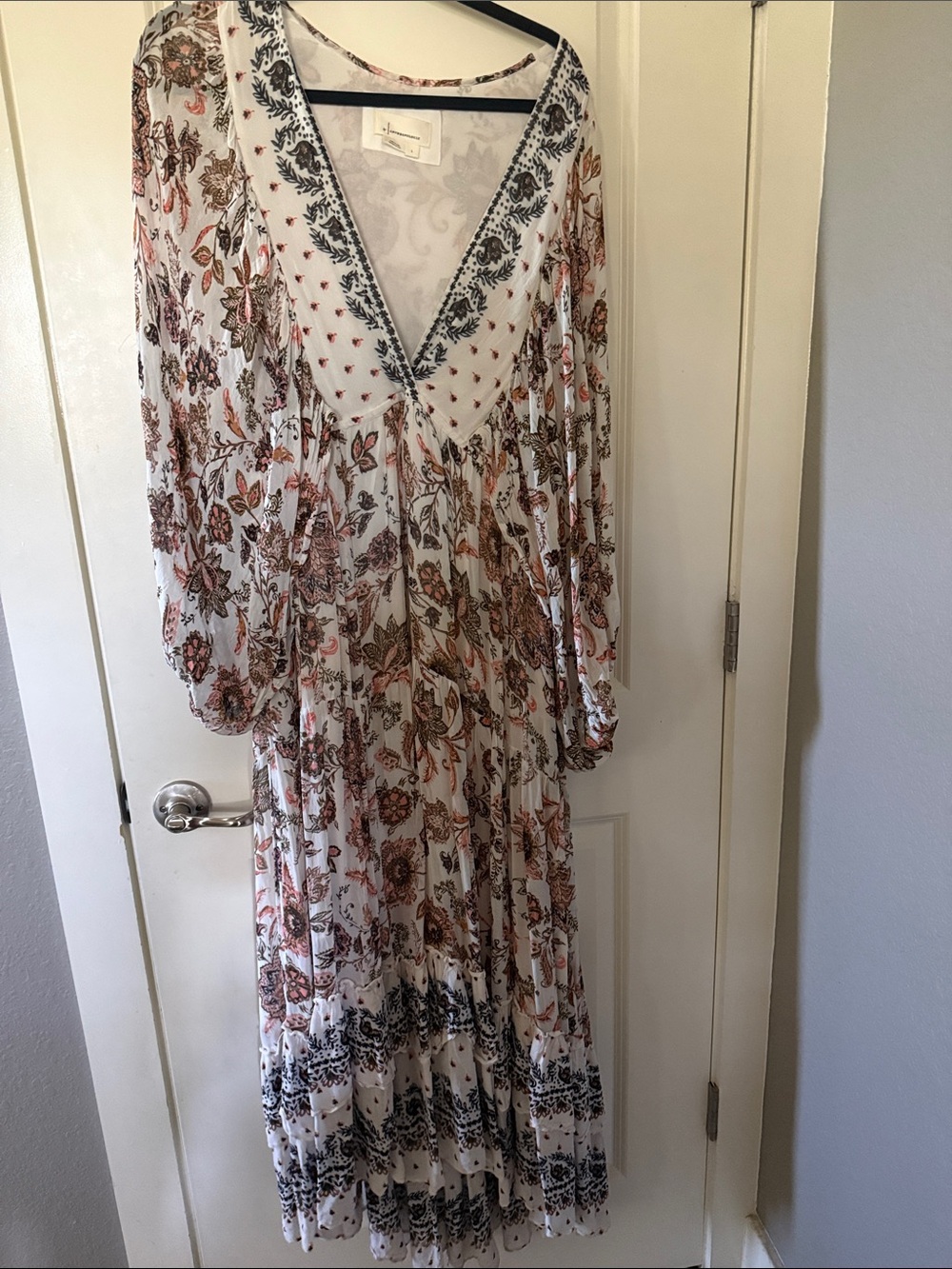 Anthropologie White Maxi Dress with Rust Floral Print